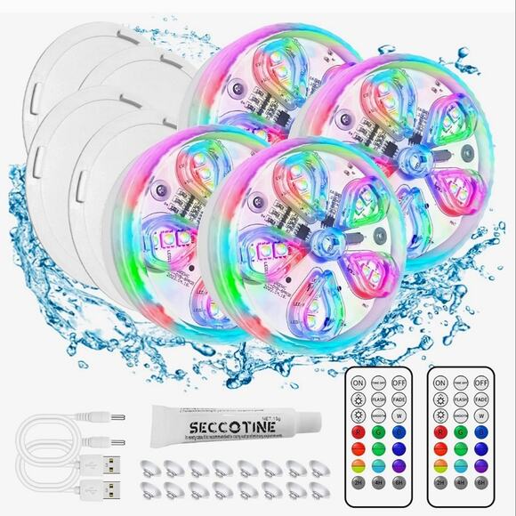 Swimming Pool LED Lights 4 Pack Multi-Color Submersible Rechargeable Underwater - Picture 1 of 10